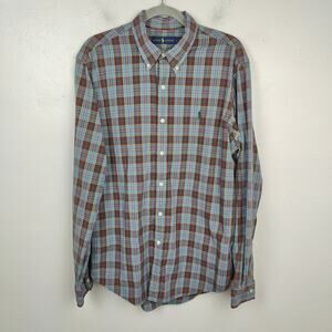 Ralph Lauren Plaid Button Down‎ Shirt Mens Large Blue Brown Plaid Preppy